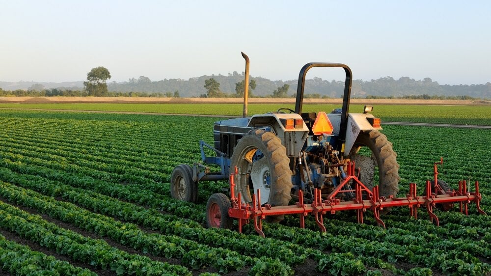 Tractor with a rollover bar in a field