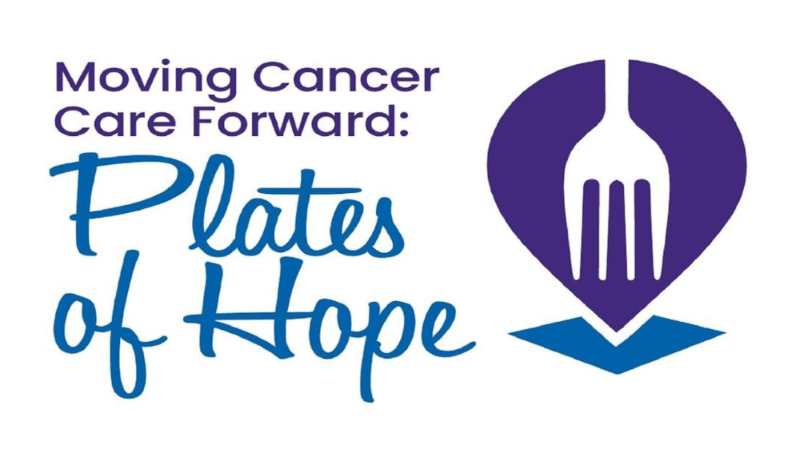 Graphic reads Moving Cancer Care Forward: Plates of Hope. It contains an image of a fork on a map icon.