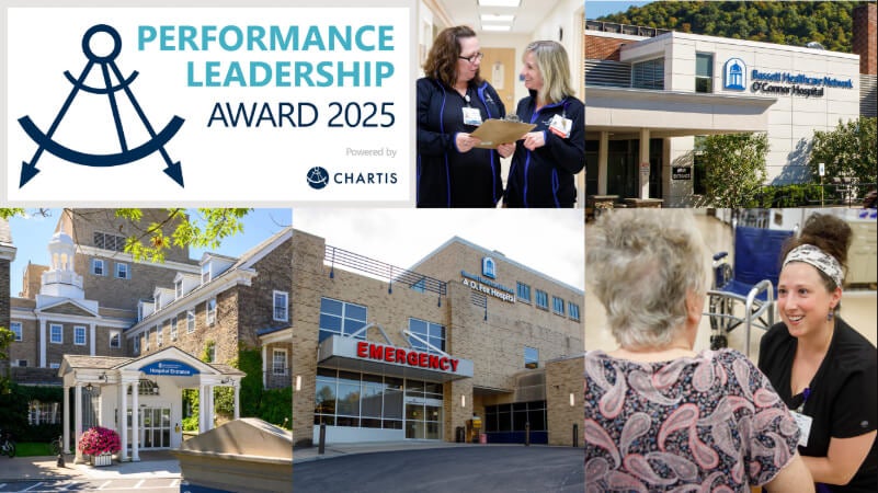 The Performance Leadership Award seal is seen alongside photos from Bassett Medical Center, O'Connor Hospital, and A.O. Fox Hospital. 