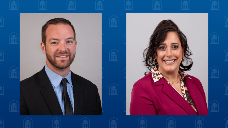 Headshots of a man, Henry Knoop, and a woman, Jennifer Hecox, are seen side by side. Both are wearing professional clothes and smiling