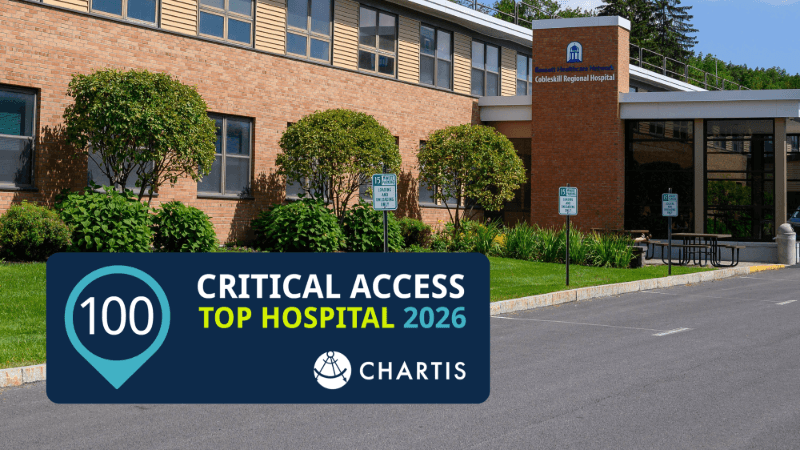 Photograph shows Cobleskill Regional Hospital. A seal edited onto it reads "100 Critical Access Top Hospital 2026 Chartis" 