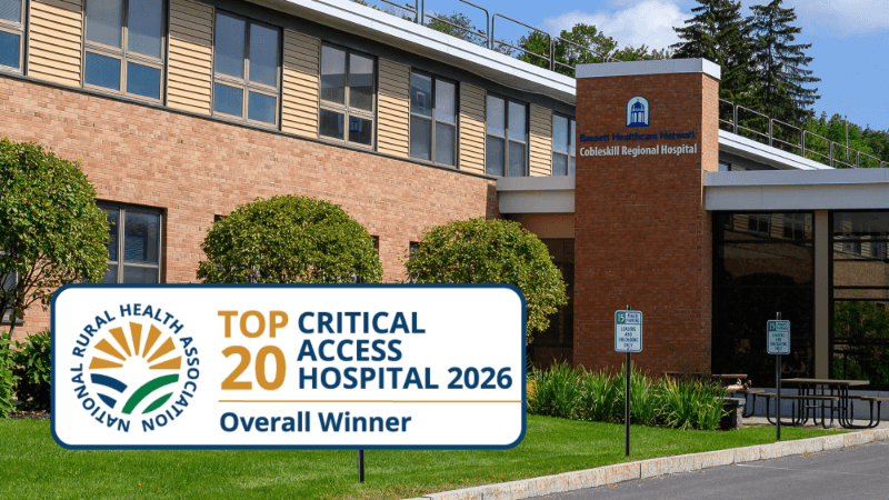 A photo of Cobleskill Regional Hospital has a seal edited onto it that reads "National Rural Health Association Top 20 Critical Access Hospital 2026 Overall Winner"