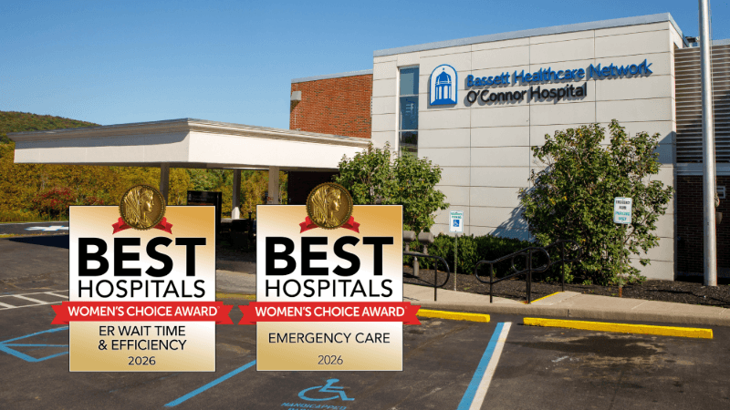 A photo of O'Connor Hospital has two seals placed on it. One seal reads "Best Hospitals Women's Choice Awards ER Wait Time and Efficiency 2026." The other seal reads "Best Hospitals Women's Choice Awards Emergency Care 2026."
