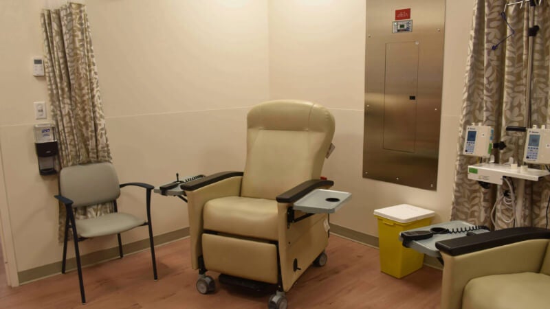 An infusion bay  inside the newly-completed area of the Bassett Cancer Institute at FoxCare Center.