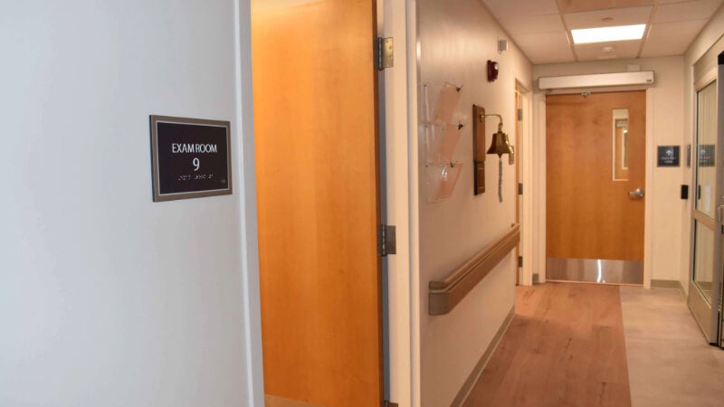 A hallway  inside the newly-completed area of the Bassett Cancer Institute at FoxCare Center.