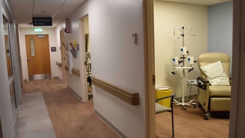 A hallway  inside the newly-completed area of the Bassett Cancer Institute at FoxCare Center.