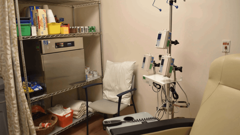 An infusion bay  inside the newly-completed area of the Bassett Cancer Institute at FoxCare Center.