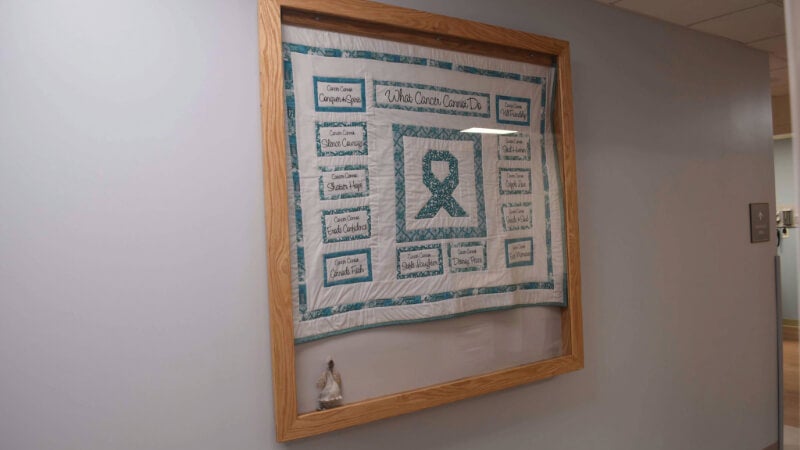 A quilt hangs on the wall  inside the newly-completed area of the Bassett Cancer Institute at FoxCare Center.