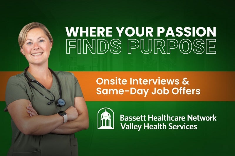 Bassett caregiver against a green clinical background with a heading that reads "Where your Passion Finds Purpose", a subhead reading "Onsite Interviews and Same-Day Job Offers", and the Valley Health Services logo