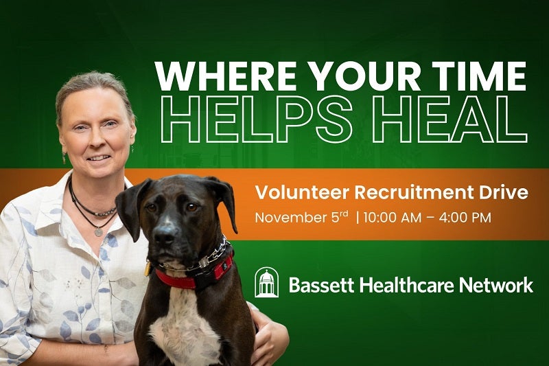 Bassett pet volunteer with her dog against a green clinical background that reads: "Where your time helps heal" "Volunteer Recruitment Drive"